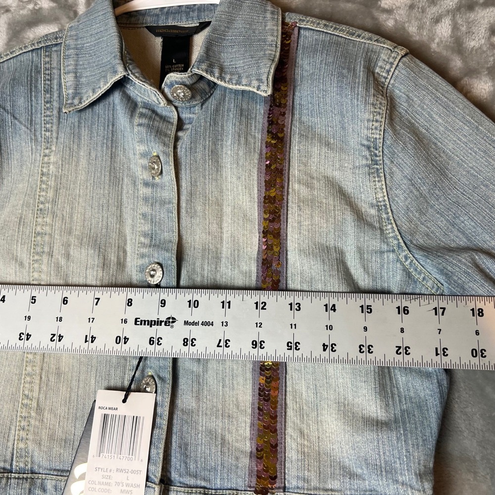 RocaWear Denim Jacket Kids Large 70s Wash Sequin Logo Cropped 3/4 Sleeve - Picture 5 of 7